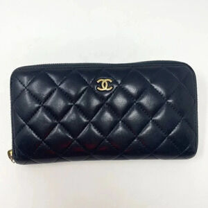 Chanel CC Quilted Lambskin Leather L Gusset Zipper Long Wallet Dark Navy Blue